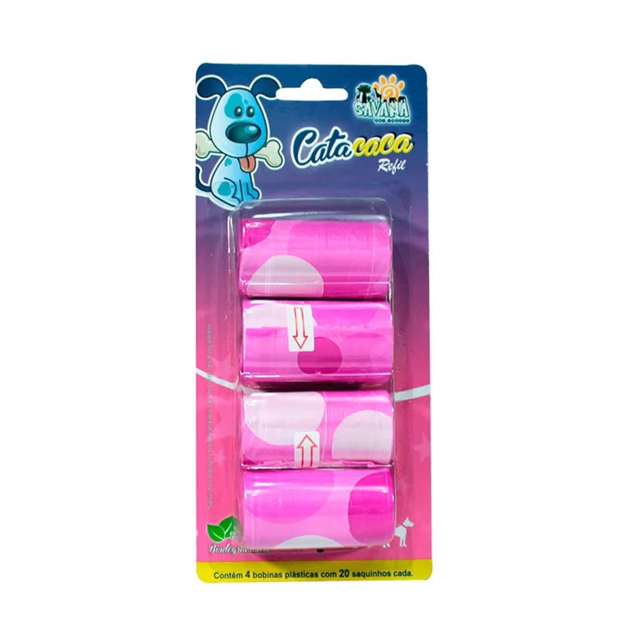 Refil Cata Caca Savana para Cães e Gatos - 4 Rolos Rosa